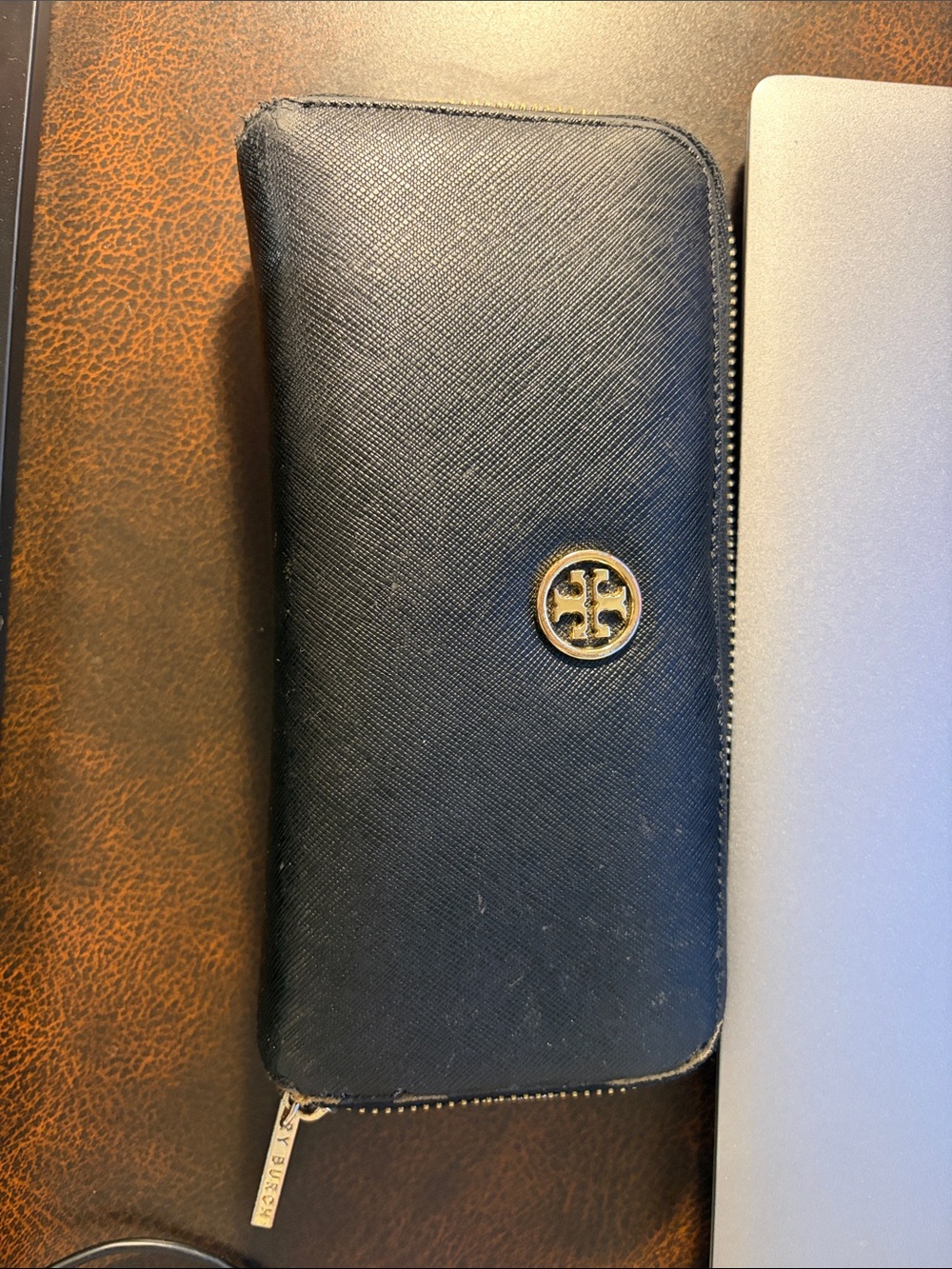Tory Burch Black Leather Zip-Around Wallet with Gold Logo